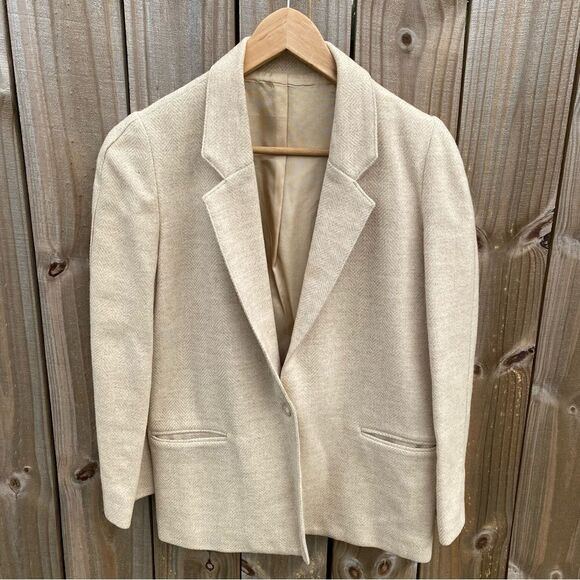 Vintage Toffs Wool Beige Single Button Closure Chevron Woman’s Blazer - Picture 2 of 10